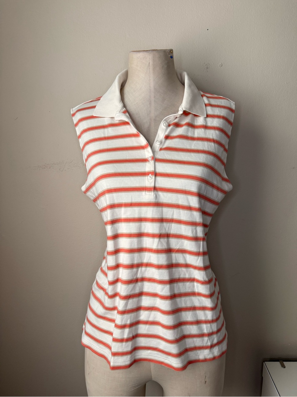 Lands' End Orange & White Striped Sleeveless Polo Top Size M